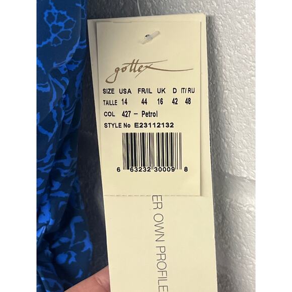 NWT Gottex Sz 14 Petrol Blue Mehndi V-Neck Ruffled Shoulder One Piece Swimsuit - Picture 5 of 7